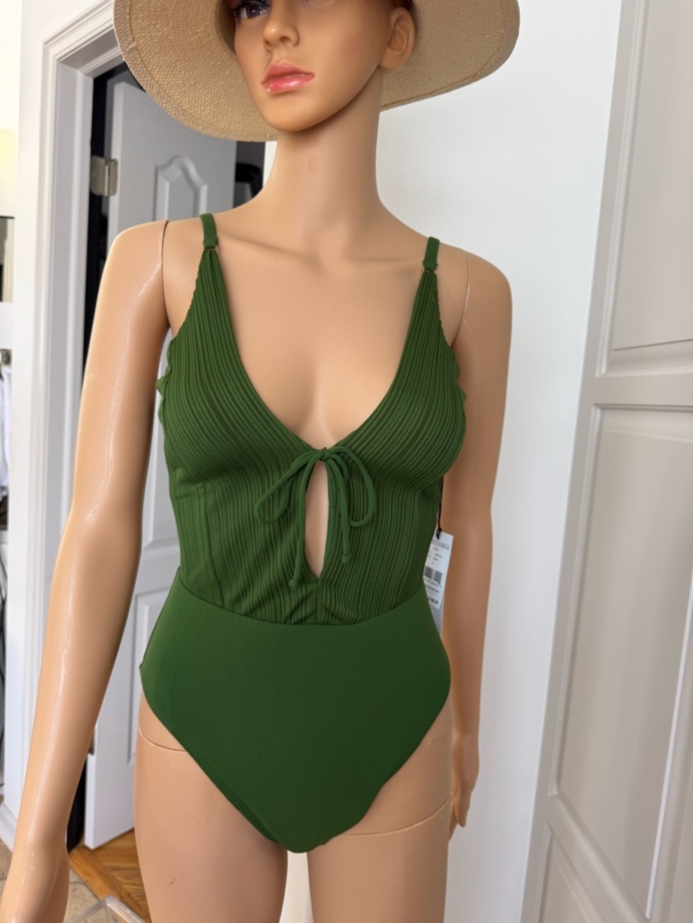 Good American Olive Green Ribbed Tie-Front One-Piece Swimsuit